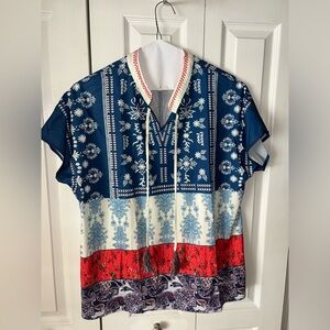 Multi Floral Print Cap Sleeves V-Neck Top XL